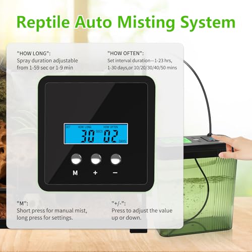 Reptile Misting System - 2-Gallon Large Water Tank, 3 Adjustable 360° Nozzles, Touch-Controlled Light, for Chameleons, Snakes, Lizards and More