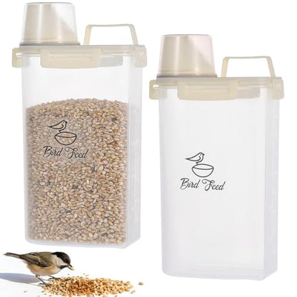 2 Pcs 3.17 Qt/3 L Bird Seed Storage Container Airtight- Portable Bird Food Container with Airtight Measuring Cup, Clear Pet Parrot Seed Dispenser for Birds Food Chicken Feed Storage, Beige Lid