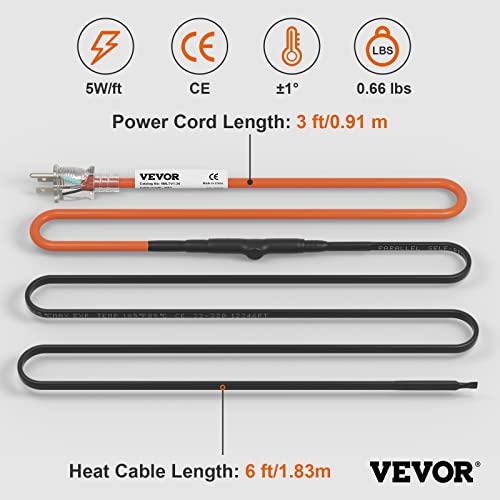 VEVOR Self-Regulating Pipe Heating Cable, 6-feet 5W/ft Heat Tape for Pipes Freeze Protection, Protects PVC Hose, Metal and Plastic Pipe from Freezing, 120V - size: 6 Feet