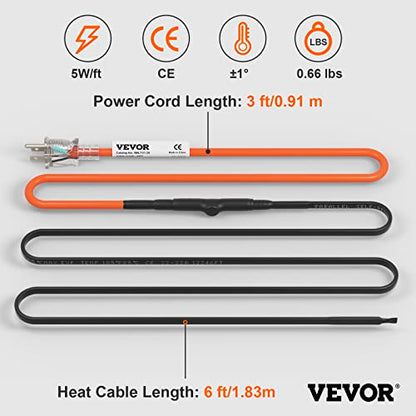 VEVOR Self-Regulating Pipe Heating Cable, 6-feet 5W/ft Heat Tape for Pipes Freeze Protection, Protects PVC Hose, Metal and Plastic Pipe from Freezing, 120V - size: 6 Feet