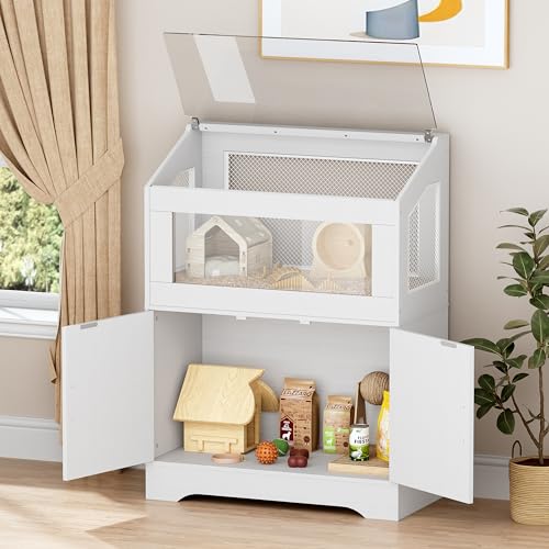 PAKASEPT Hamster Cage, Small Animal Cages with Storage Cabinet, Visual and Ventilated Large Habitats Hamster House for Rat, Guinea Pig, Hedgehog, Gerbil, White