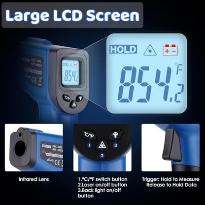 Infrared Thermometer Gun for Griddle, Digital Laser Temperature Thermometer | -58℉~1022℉ IR Thermometer Gun for Blackstone Pizza Oven Deep Frying Other Daily Uses with Hard Carrying Case (NOT for Human) - color: Blue