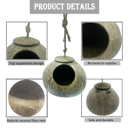 kathson Gecko Coco Hut Lizard Coconut Hide Cave Natural Coconuts Husk Reptile Hanging Nest Habitat Decor Bearded Dragon Terrarium Accessories for Crested Gecko Chameleon Snake Spider (4 PCS)