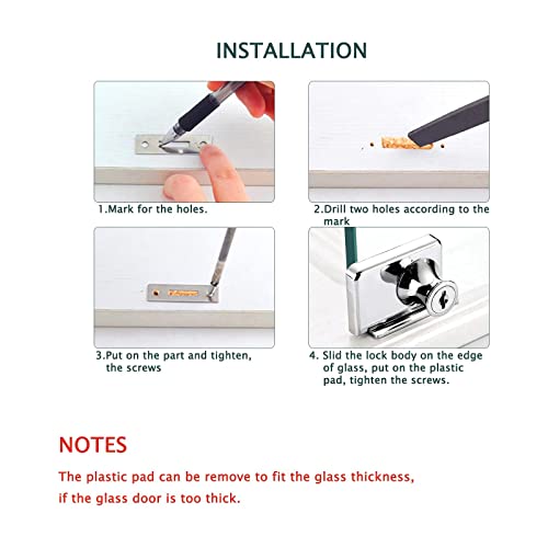 Showcase Lock Stainless Steel No Drill Glass Door Lock Display Cabinet Double Door Lock with Key for 0.21inch -0.31inch Glass Door( keyed Different) (Silver, 409-1PCS)