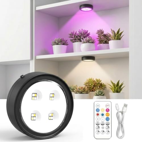 1 Pack Rechargeable Grow Light, Cordless Full Spectrum LED for Indoor Plants, Magnetic Mount, Timer & Remote, USB-C 2000mAh for Shelf, Herbs, Succulents, Seedlings & Greenhouse (Black)