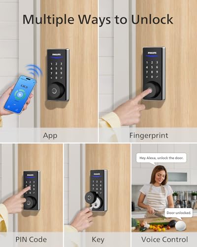 Philips Wi-Fi Smart Lock with Bridge, Fingerprint & App Control Auto Lock | 0.3s Unlock, 100 User PIN Codes, Fits Most Doors, Weatherproof, Backlit Touchscreen - color: Flat Black