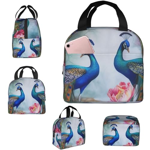Insulated Lunch Bag Beautiful Peacocks and Lotuses Lunch Box for Women Men Reusable Leakproof Lunch Cooler Bag for Office Picnic - color: Beautiful Peacocks And Lotuses