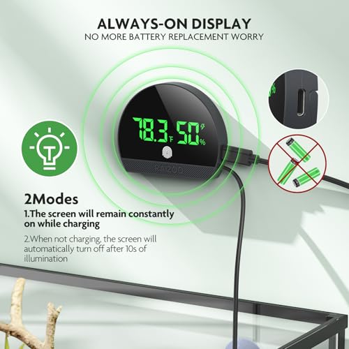 PAIZOO LED Rechargeable Reptile Thermometer Hygrometer, Always-on Display | Temperature Accuracy ±0.1℉, Long Battery Life, Switch Between ℉/℃, Reptile Tank Thermometer with 59.05" Type-c Charging Cable
