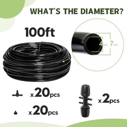 100FT 1/4 Inch Drip Irrigation kit Tubing Distribution Hose Tube for Garden Drip Irrigation System (Includes 2 Pack 6-Way Connector and 20pcs 1/4" Tee Splitters and End Plugs) - size: 100FT 1/4" Distribution tube