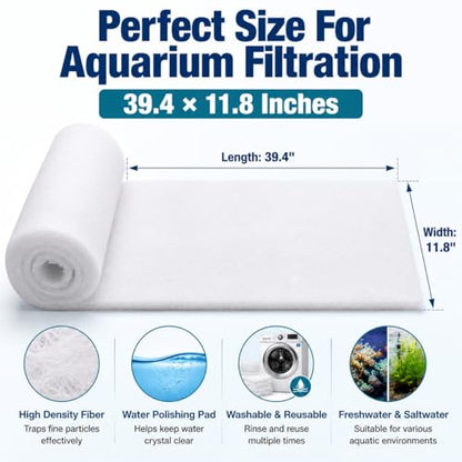 MAQIHAN Aquarium Filter Media Pad - White Filter Floss, 39.4 x 11.8 Inch | Filter Foam Roll, Fish Tank Filter Floss for Freshwater & Saltwater Aquariums, Ponds, Turtle Tanks, Polishing Pad Clear Water