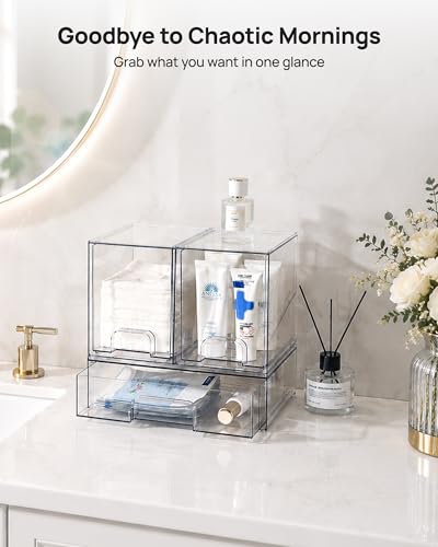 Vtopmart Stackable Storage Drawers Set of 3, Clear Plastic Organizer Bins for Bathroom Supplies, Ideal for Cabinet,Shelf, Pantry, Laundry Room Organization - style: 2 High+1 Wide