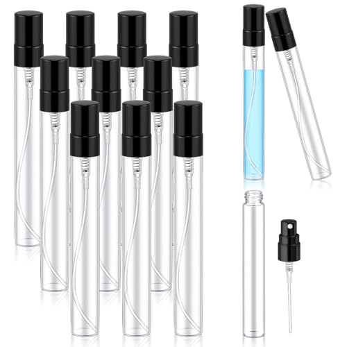 Zhehao 50 Pcs Mini Spray Bottles 10 ml Clear Glass Perfume Bottles Refillable Fine Mist Perfume Atomizer Portable Empty Sample Containers for Cleaning, Essential Oils, Travel (Black Cap) - color: Black Cap, size: 10 Ml