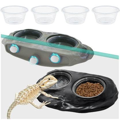 La La Pet 2Pcs Magnetic Reptile Feeding Ledge Double Bowl Feeder Tray with 4 Cups Reptiles Food & Water Dishes for Crested Gecko Bearded Dragon Lizards Chameleons