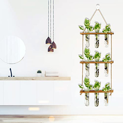XXXFLOWER Wall Hanging Propagation Station with Wooden Stand Glass Test Tubes Tiered Planters Wall Terrarium for Home Office Plant Hanger Flower Vases Wall Decor Hydroponic Cuttings (9 Tube Vases) | Mini Flower Pothos Test Tube Vase,Wall Decor Hanging Pla