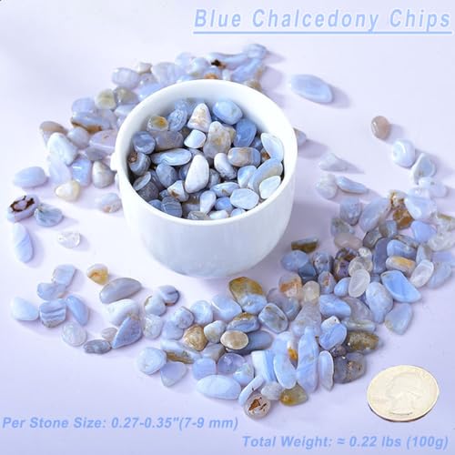 Erliway 7-9mm Blue Chalcedony Healing Crystal Chips for Crafts, 100g | Natural Crushed Crystal Stones Tumbled Chips for Vase Filler Aquarium Gravel, Meditation Chakra Balancing, Candle DIY Making - color: Blue Chalcedony