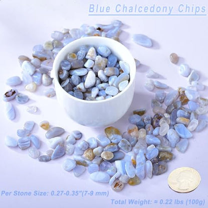 Erliway 7-9mm Blue Chalcedony Healing Crystal Chips for Crafts, 100g | Natural Crushed Crystal Stones Tumbled Chips for Vase Filler Aquarium Gravel, Meditation Chakra Balancing, Candle DIY Making - color: Blue Chalcedony
