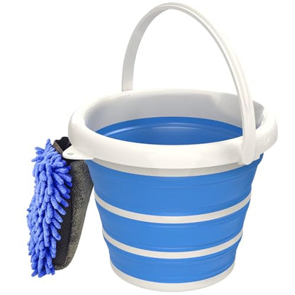 Collapsible Car Wash Bucket with Microfiber Mitt, 10L (2.6 Gallon) Portable Water Bucket with Handle for Car Wash Household Cleaning, Multiuse Collapsible Water Bucket and Car wash mitt - Blue - color: Blue