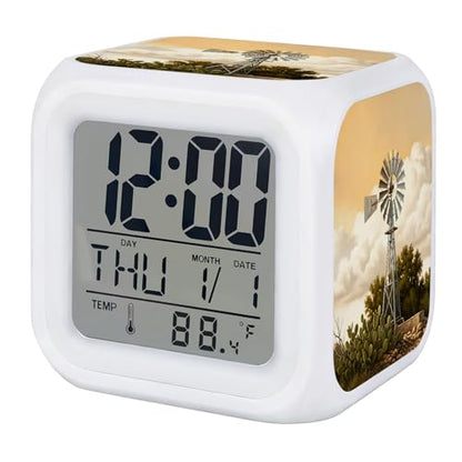 Windmill Alarm Clock, Windmill Farmhouse Sunset Field Trees Rustic Digital Clock Night Light with 7 Color, Calendar Temperature Display, NightLight Clock for Bedroom, 3.2x3.2in - color: Gold,amber,green