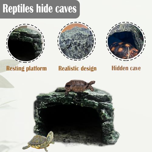 kathson Reptile Rock Hideout Cave,Tortoise Hide Caves,Resin Hides Shelter,Reptile Green Plant Decoration Habitat Decor Terrarium Accessories for Lizards Bearded Dragon Gecko Turtles Spiders - style: hideout