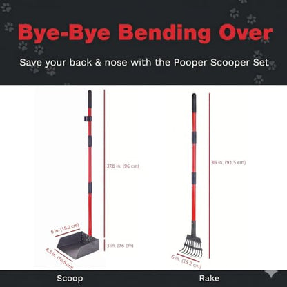 Pooper Scooper for Dogs with Long Handle Rake & Tray, Heavy Duty | Pawler Rustproof Aluminum Poop Scooper Set with 36+" Handles for Yard, Grass, Dirt & Gravel - color: 2 Piece Set - Standard