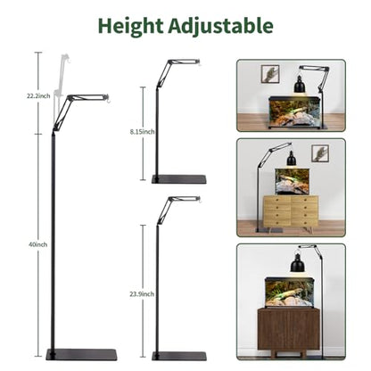 Reptile Lamp Stand, Adjustable Heat Lamp Holder, Floor Light Holder Lamp Hanging Bracket, Black Metal, for Reptile Glass Terrarium Bearded Dragon Turtles Snake and Chicks