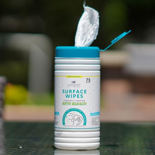 Juniper CLEAN 1 Pack Surface Cleaning Wipes with Bleach, All-Purpose Cleaner for Bathroom, Kitchen, Office, 75 Count Canister, 7.5" x 7" Sheet, Fresh Scent, Lint Free & Durable - size: 75 Count (Pack of 1)