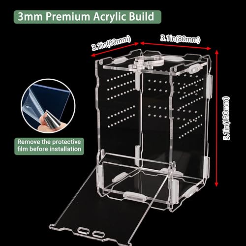 Jumping Spider Enclosure 5.1"x3.1"x3.1" – Magnetic Locking Lid, Front Opening Door, Feeding Port, Easy Assembly Habitat for Tarantula, Mantis, Small Reptiles (Accessories Not Included)