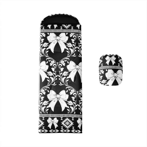 Erosebridal Longhorn Cow Skull Gothic Witchy Damask Sleeping Bag for Kids Camping Blanket for Hiking Travel Hunting Sleep Bag - color: Black and White Aesthetic Bow