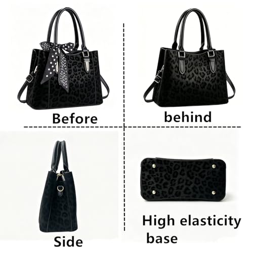 3 Compartment Satchel Purse Top Hnadle Bags Hobo Handbag for Women | Multi Compartment,Medium,Leopard Print Faux Fur,Detachable Shoulder Crossbody Strap,Work Office Daily,High elasticity base - color: Black Leopard
