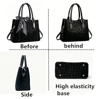 3 Compartment Satchel Purse Top Hnadle Bags Hobo Handbag for Women | Multi Compartment,Medium,Leopard Print Faux Fur,Detachable Shoulder Crossbody Strap,Work Office Daily,High elasticity base - color: Black Leopard