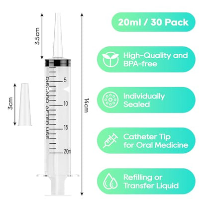 30 Pack 20mL Syringes, Plastic Syringes with Catheter Tip & Cap | Individually Sealed Feeding Syringe For Dogs, Measuring Syringe For Liquid, Scientific Labs, Refilling, Dispensing - style: 20ml