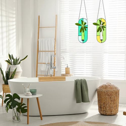 2 Sets Stained Glass Window Hanging Propagation Window Propagation Stations Planters with Glass Tubes and Chain Terrarium Wall Plant Holder Decor for Living Room