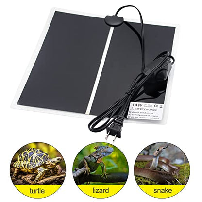 Reptile Heating Pad Under Tank Heater 7W/14W Waterproof Heat Mat | with Temperature Adjustment for Snake Gecko Leopard Gecko Turtle Tortoise Bearded Dragon Lizard Frog Terrarium Vivarium (14W) - size: 14W