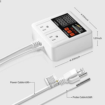 iPower Temperature Controller 1200W 10A Dual Digital Outlet Thermostat Plug, Pre-Wired, 2 Stage Heating and Cooling Mode, Fermentation BBQ Reptile Aquarium