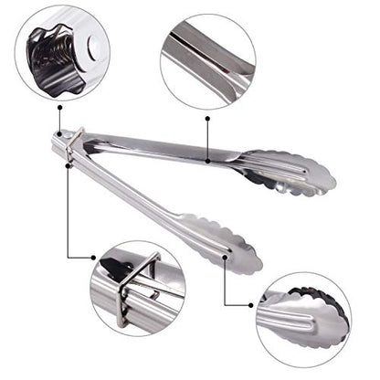 HINMAY 7-Inch Small Stainless Steel Serving Tongs, Set of 3 (Silver) | 7-Inch Mini Metal Salad Tongs - color: Silver