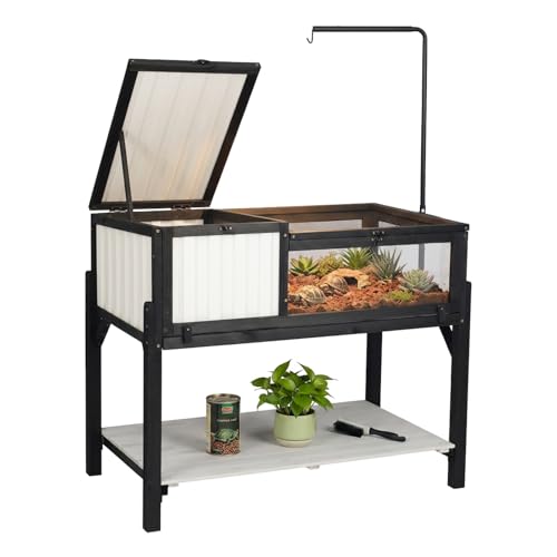 Large Tortoise Habitat with Adjustable Lamp Stand, Wooden & Plastic Turtle Enclosure with Viewing Window, Pull-Out Tray, Storage Shelf, 2-Room Indoor Outdoor Reptile House for Tortoises & Small Pets - size: 40.3"L x 22.8"W x 34.2"H