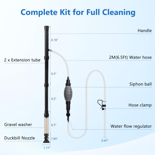 AQQA Gravel Vacuum for Aquarium Siphon - Adjustable Flow Fish Tank Cleaner with Handle, Manual Siphon Pump Water Changer Sand Rock Suction Cleaner, Upgraded Hard Hose with Threaded Connection (S) - size: S for tanks under 17" deep