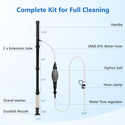 AQQA Gravel Vacuum for Aquarium Siphon - Adjustable Flow Fish Tank Cleaner with Handle, Manual Siphon Pump Water Changer Sand Rock Suction Cleaner, Upgraded Hard Hose with Threaded Connection (S) - size: S for tanks under 17" deep