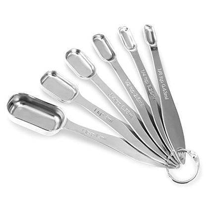6-Piece 18/8 Stainless Steel Measuring Spoons Set, Silver | Six Engraved US and Metric Sizes From 1/8 TSP to 1 Tbsp Fit Narrow Spice Jars and Stay Together On an O-shaped Ring - color: Silver, size: 6 Piece
