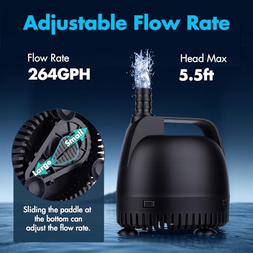 hygger 264GPH Aquarium Submersible Pump, Fish Tank Water Pump Adjustable Flow with 2 Nozzles, 5.5 ft High Lift Quiet Fountain Pump for Aquarium, Pond, Hydroponics, Water Garden - size: S