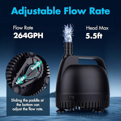 hygger 264GPH Aquarium Submersible Pump, Fish Tank Water Pump Adjustable Flow with 2 Nozzles, 5.5 ft High Lift Quiet Fountain Pump for Aquarium, Pond, Hydroponics, Water Garden - size: S