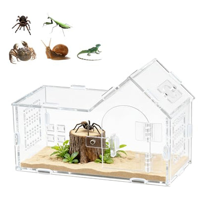 Mini Reptile Terrarium, Magnetic Acrylic Enclosure with Mushroom House Easy-Feed Hole & Front Opening for Bearded Dragon & Leopard Print Palace Guard Habitat (Reptile Terrarium A)
