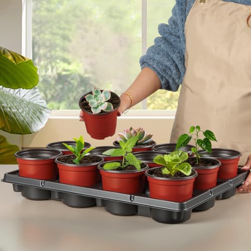 RooTrimmer 4 inch Round Nursery Pots 60pcs, 12 Cell Nursery Pots Trays 5 Pcs, Sturdy Seeds Starting Germination Shuttle Carrying Trays, Small Planter Nursery Propagation 5 Sets - color: Red + Black, size: 4 Inch 60 Pack Pots With 5 Pack Trays