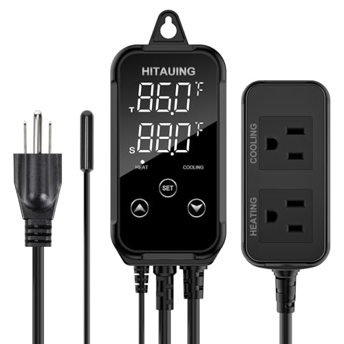 HiTauing Digital Temperature Controller, Aquarium Heater Reptile Thermostat Heating and Cooling Dual Outlet with Seawater-Resistant Probe for Fish Tanks, Reptile Tanks, Greenhouse & Seedling Mat