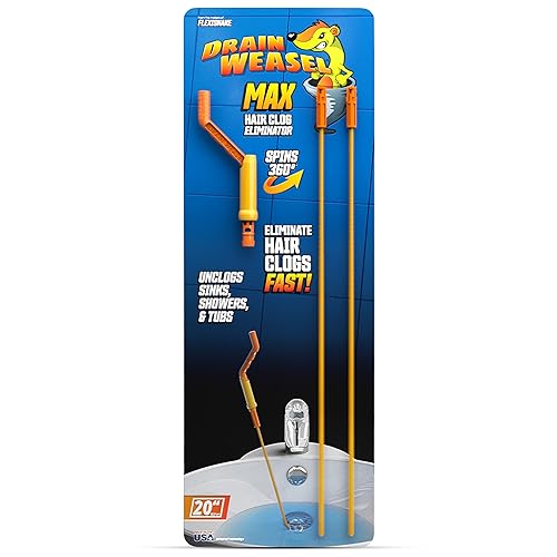 FlexiSnake Drain Weasel Max Sink Snake Hair Clog Remover Tool, 2 Wands | 20" Long Refills, Pipe, Bathroom, Bathtub Drain Cleaner, Removable Handle, Made in The USA