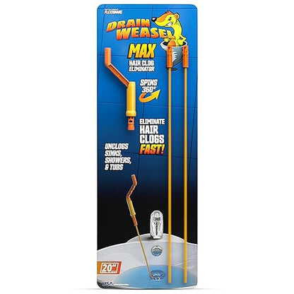 FlexiSnake Drain Weasel Max Sink Snake Hair Clog Remover Tool, 2 Wands | 20" Long Refills, Pipe, Bathroom, Bathtub Drain Cleaner, Removable Handle, Made in The USA