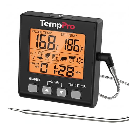 TempPro TP16SW Digital Meat Thermometer for Cooking and Grilling, BBQ Food Thermometer with Backlight and Kitchen Timer, Grill Temperature Probe Thermometer for Smoker, Barbecue, Oven, Black - color: Black,Orange