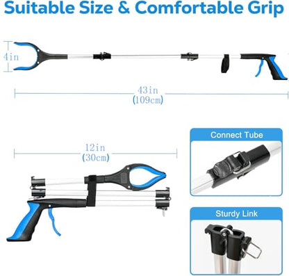 Grabber Reacher Tool - 43” Extra Long Foldable Gripper and Reaching Tool - Heavy Duty Pick Up Stick Grabbers for Seniors, Trash, Surgery Recovery Must Haves Gifts (Blue-43in) - color: Blue-43in
