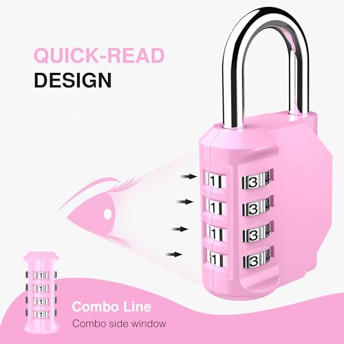 Puroma 1 Pack Combination Lock Locker 4 Digits Combo Padlock Gym Pink | For School Gate Fence Toolbox Hasp Storage, Outdoor, Resettable, Weatherproof, Side Window, Crack Cut Resist, Hardened Steel - color: Pink
