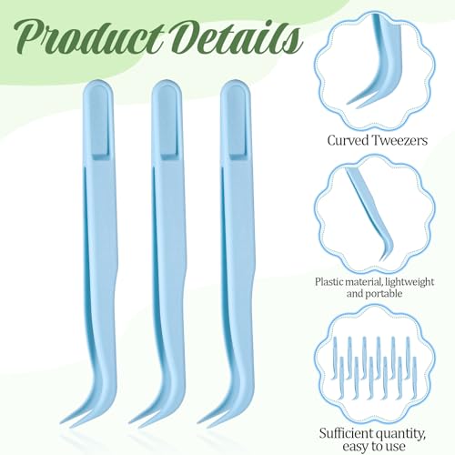 12 Pcs Plastic Tweezers, Non Slip Bent Tip Craft Tweezer, Long 4.5 Inch Bent Tweezers, Pointed Tip, Precision Tweezer for Jewelry Making, DIY Crafts, Stickers, Reptile Feeding, Lash Tool (Blue)